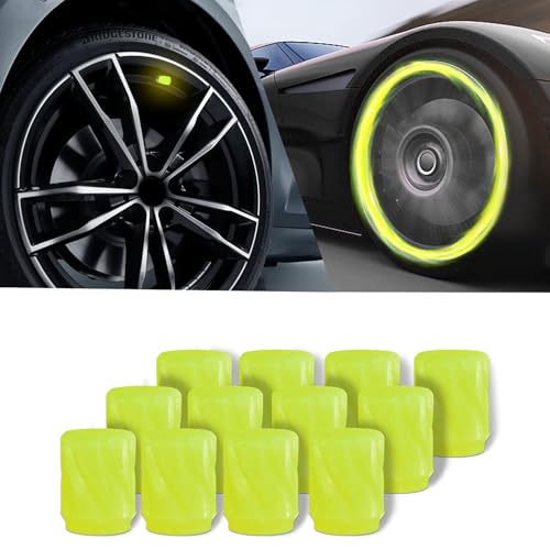 12PCS Luminous Tire Valve Stem Caps for Car, Fluorescent Glow in The Dark Air Caps Cover, Illuminated Corrosion Resistant Tire Pressure Caps, Universal Car Accessories for Most Vehicles (Yellow)