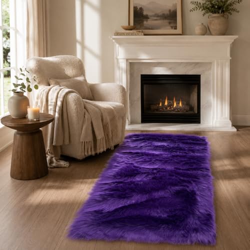 EasyJoy Faux Sheepskin Rug, Fluffy Faux Fur Rug, Ultra Soft Shag Area Rug with Non-Slip Backing for Bedroom, Living Room, Nursery, Kids Room(2 x 4 ft Rectangle, Dark Purple)
