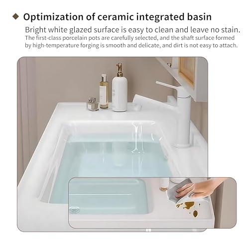 36' Modern Bathroom Cabinet with Sink, Floating Vanity & Intelligent Fog-Free Mirror Cabinet (White, Wood & Ceramic)