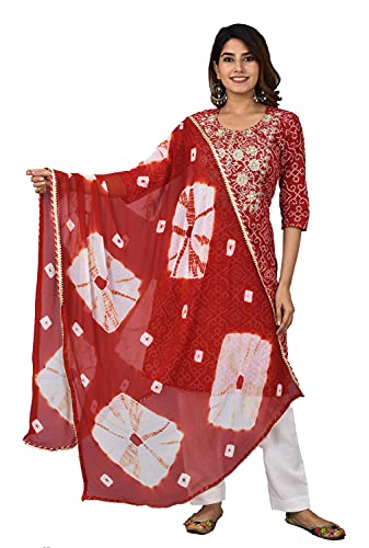 Vrnda Women's Cotton Indian Bandhej Print Straight Kurta Set Yoke Embroidery Kurti With Pant and Dupatta Set Dress