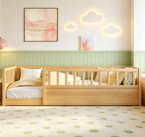 Bellemave Twin Size Floor Bed with high Fence, Solid Pine Wood Montessori Bed for Kids Girls Boys Floor Bed Frame,Natural with slats by Bellemave - Used condition - Image 2