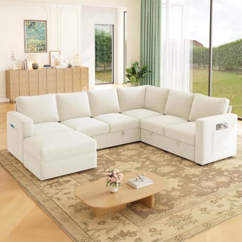 Image of 106.7 inch U-Shaped Modular Sectional Sofa with Pull-Out Bed & Storage, Modern 7-Seat Convertible Couch, Comfy L-Shape Sectional for Living Room, Apartment, Beige