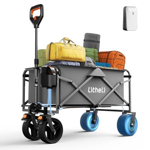 LiTHELi Electric Folding Utility Wagon Cart – All-Terrain Portable Powered Wagon with Dual Motors, Removable Battery & Large Cargo Space for Beach, Camping, Shopping & Outdoor Hauling