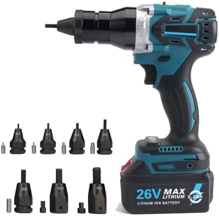 Industrial Grade Cordless Rivet Gun Kit - 26V Brushless Electric Riveter with LED, Portable Nut Drill Bit Adapter for M3–M12 Fasteners, Includes 2000mAh Battery.