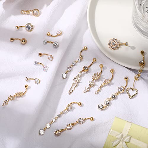 Yaomiao 18 Pieces 14G Stainless Steel Belly Button Ring Rhinestone Heart Dangle Belly Button Rings For Women Belly Button Rings Surgical Steel (Gold) #TOP3
