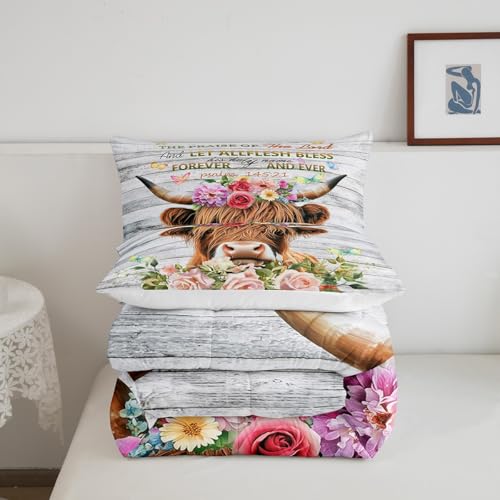 Image of Feelyou Highland Cow Comforter Set Rose Highland Cattle Bedding Set for Kids Boys Girls Bull Cattle Comforter Botanical Floral Quilt Set 1 Comforter Set with 2 Pillowcases Queen Size