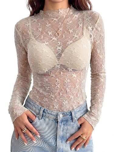 BTFBM Mesh Lace Long Sleeve Tops for Women 2026 Fall,White,S - image 5