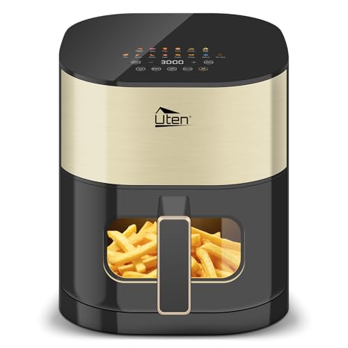 Uten Dual Blaze Heißluftfritteuse 5,5 L mit Sichtfenster, Farbbildschirm, 14 Programme, Verzögerter Start, Rostfreies Ölnetz, 2 Heizquellen Einzeln Steuerbar, Kein Umdrehen Speisen, Energiesparend