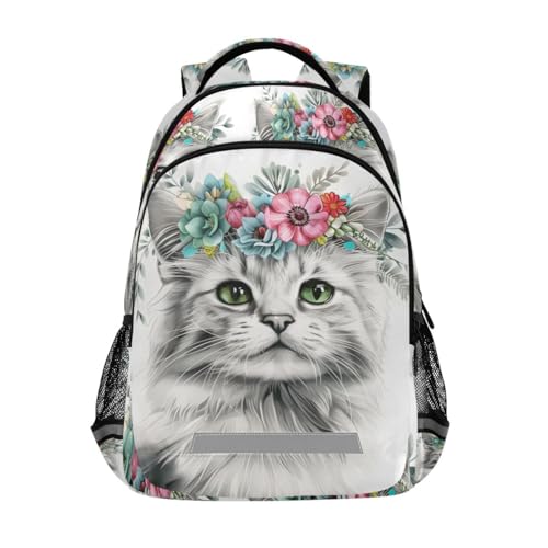 Sac à dos pour étudiants idéal pour l'école et les sorties de week-end - Motif chat et plantes