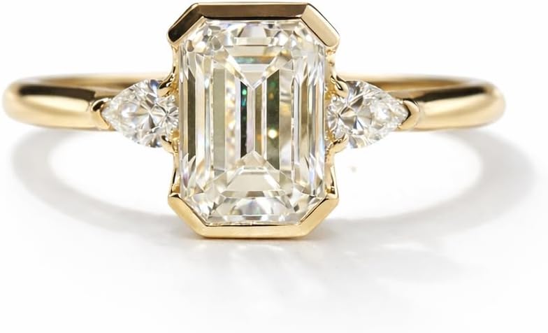 Emerald Cut Moissanite Ring 18K Yellow Gold Three Stone Engagement Ring Bezel Set Minimalist Ring Handmade Fine Jewelry Gift for Her