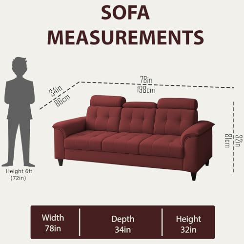 Image of Casaliving Ella 3 Seater Sofa Set for Living Room (Maroon Colour Fabric) Premium Fabric Sofa