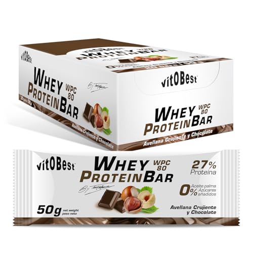 VITOBEST | Barritas Whey Protein Bar (by Torreblanca) | Contribuye a aumentar y conservar la masa muscula. Proteína WPC 80 | Sabor Avellana, Chocolate con leche - 20 barritas x (50 g)