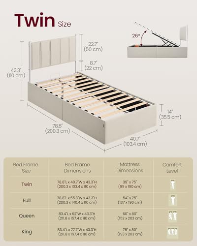 Image of VASAGLE Lift Up Storage Bed Frame, Twin Size, Upholstered Headboard
