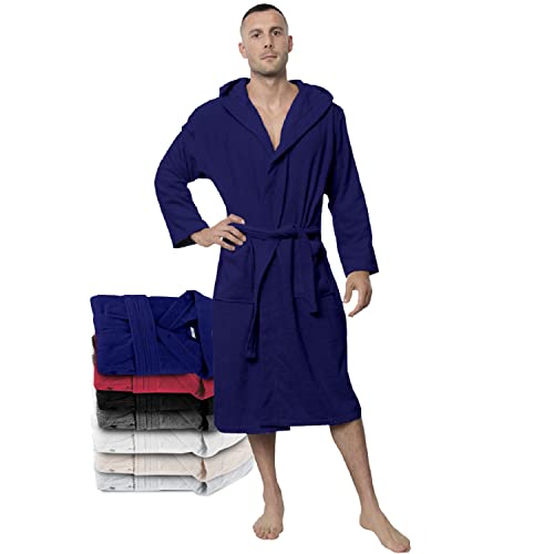 Twinzen Bademantel Herren - XXXL - DarkBlau - 100{a1df8ea5fa092a545eebb6abf5b334809d502ec72e83dae53a442a8897882557} Baumwolle (350g/m²) Oeko-TEX® Zertifiziert - Bademantel mit Kapuze, 2 Taschen, Gürtel