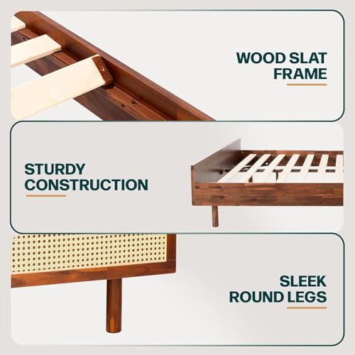 Image of Bme Nancy Signature Bed Frame, Queen Bed Frame and Headboard Unique Geometric, Mid Century Modern, Solid Acacia Wood, No Box Spring Needed, 12 Strong Wood Slats Support, Easy Assembly, Dark Chocolate
