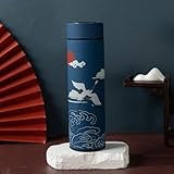 Insulated Coffee Tea Travel Thermos Mug Water Bottle with Removable Strainer and Temperature Featuring Elegant Asian Art Design - 16.9 fl oz (Blue)