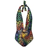 Women's Strap Wrap Cheeky Deep V-Neck One Piece Swimsuit Monokini Unique Funny 3D Grateful Dancing Dead Bears Rose 2XL