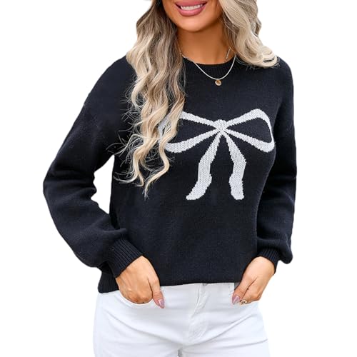 Image of Women Cute Bow Knit Sweater Y2k Long Sleeve Crew Neck Knitted Pullover Top Oversized Going Out Fall Winter Knitwear