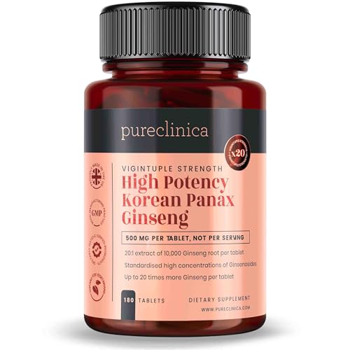 High Strength Korean Panax Ginseng 500mg – 180 Tablets (6 Month Supply) – 10,000mg Equivalent – 8% Ginsenosides – Standardized Extract from 6-Year Roots – by Pureclinica