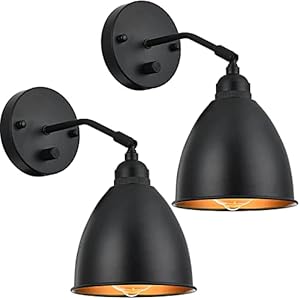 TERLEENART Set of 2 pcs Industrial Farmhouse Metal Wall Sconce with on/Off Switch, Matt Black Bell Shade Focused Wall Light Fixture for Kitchen Sink Hallway Bedroom Bookcase Shelves