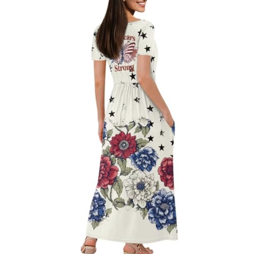 Image of Women's Fall Summer Short Sleeve Ankle Length V-Neck Party Dress with Pockets Size S-3XL