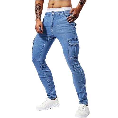 Mens Street Elastic Wash Solid Color Jeans Multi Pockets Denim Cargo Pants Blue 31