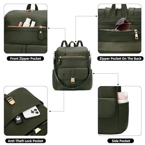 Image of KKXIU Backpack Purse for Women - PU Leather Ladies Backpack for Daily with Anti-Theft Lock Pocket, Small Daypack with Luggage Strap & Water Bottle Pockets (Green)