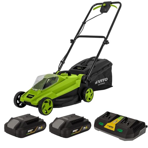 VITO - Tondeuse à Gazon 20V + 2 Batterie Lithium 3.0Ah Largeur de Coupe 32 cm Bac 30L + Chargeur Gazon 300m2