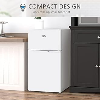 HOMCOM 3.2 Cu.Ft Mini Fridge with Freezer, Double Door Compact Refrigerator with Adjustable Thermostat, Shelf and Reversible Door for Bedroom, Dorm, Home Office, Energy Efficient, White