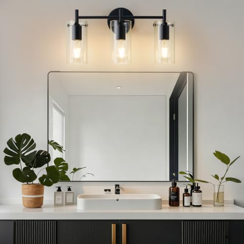 Image of Indoi Bathroom Light Fixtures, 3-Light Matte Black Vanity Light, Black Bathroom Lights Over Mirror with Clear Glass Shade, Wall Sconces for Mirror Bedroom Living Room Hallway (Pack of 2)