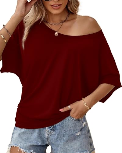 Image of Hilinker Womens Sexy Off The Shoulder Tops Short Batwing Sleeve T Shirt Oversized Casual Tee