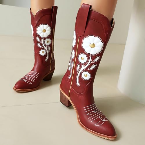 Image of Womens Floral Cowboy Boots,Cute Mid Calf Flower Cowgirl Western Country Boot Pointed Toe Chunky Heel Shoes for Women.