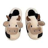 Jerzmy Fuzzy Cow Slippers for Women Men, Cute Cotton Animals House Slippers Fluffy Plush Slip On Home Shoes for Girls Indoor Outdoor Garden, Open Heel Size 9-9.5