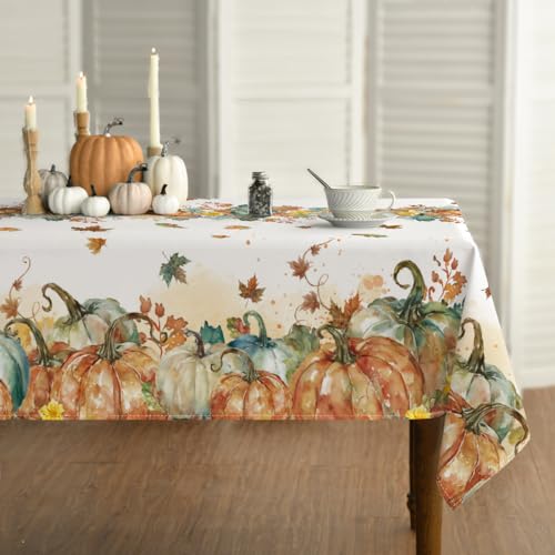 Horaldaily Fall Tablecloth 60×104 Inch Rectangular, Thanksgiving Autumn Harvest Orange Pumpkin Leaves Washable Table Cover for Party Picnic Dinner Decor