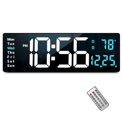 Image of EASEPRES 16 inch Digital Wall Clock with Remote Control - LED Display, Auto-Dimming, Countdown Timer, Temperature & Calendar - 12 /24 Hour Format, ABS Rectangle Design (White + Blue)