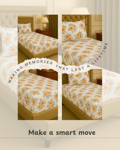 Image of Premium Cotton Elastic Fitted Bedsheets with 1 Pillow Covers |Floral Printed Single Bed Elastic 220 TC Supersoft Breathable & Wrinklefree | for 72x36+6 Inches, Home Story White Orange