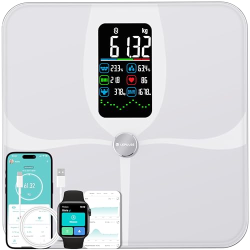 Bilancia Pesapersone Digitale, Bilancia Impedenziometrica Professionale, Smart Bilancia Massa Magra e Grassa BMI con 22 Indici, Bilancia Pesapersone Professionale con App(Bianco, Ricaricabile)
