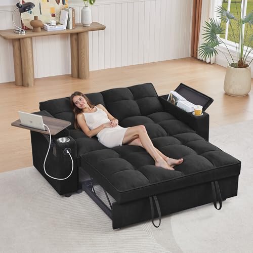 Image of hansones ​66" Multi-Functional Pull-Out Sofa Bed with Hidden Side Table, Storage Armrests, Built-in Charging Port, Spring Mattress, Solid Wood Frame – Ideal for Small Spaces, Easy Assembly