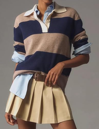 Womens Striped Sweater Shirts Lapel Polo V Neck Long Sleeve Strip Knit Pullover Casual Layer Top Jumper Y2K Shirt3