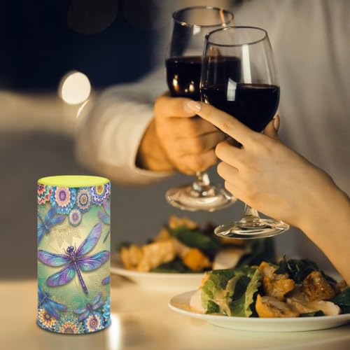 Image of Poceacles Flameless Candle Battery Powered with Remote Control 12 Colors 4 /8 Hours Timer LED Night Lights Pillar Candle Tealights Home Indoor Decor, Boho Floral Dragonfly Blue