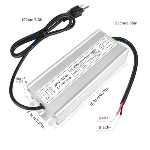 Image of LED Driver 100W 24V Power Supply, IP67 Waterproof Low Voltage Transformer, AC 90-265V to DC 24V 4.2A Converter with 3-Prong Plug 3.3 Feet Cable for Outdoor LED Lights, Industrial, Computer