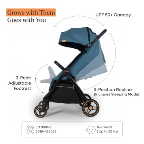 Image of Loopie Hop 1 Hand Fold Travel Friendly Compact CABIN Stroller for 0-4 Years | 3 position RECLINE Seat with SLEEPING position | SUN Protection UPF 50+ Canopy | 5 Point Safety HARNESS | 360 Wheels | 5 KG storage BASKET | WASHABLE Oxford Cotton fabric | MOSQUITO NET | Self-standing | 1 year WARRANTY | BLUE