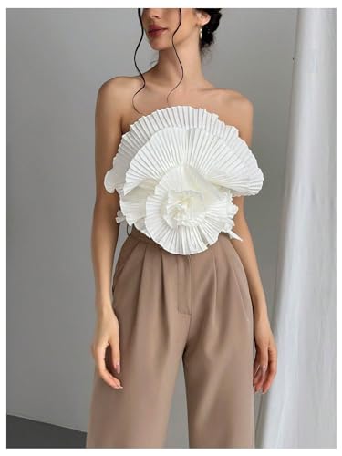 OYOANGLE Women's 3D Flower Decor Strapless Sleeveless Bandeau Top Slim Fit Solid Cropped Tube Tops4