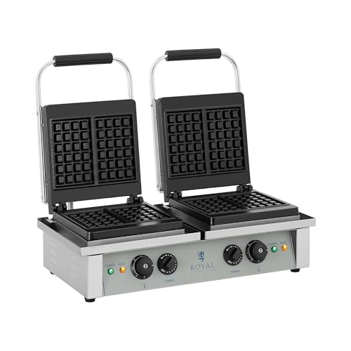 Royal Catering Gaufrier Machine à Gaufres Carré RCWM-4000-E (37x62,5x50cm, 2 x 2.000 W, gauffre 10 x 17 cm, minuterie jusqu'à 15 min, fonte et emaille)