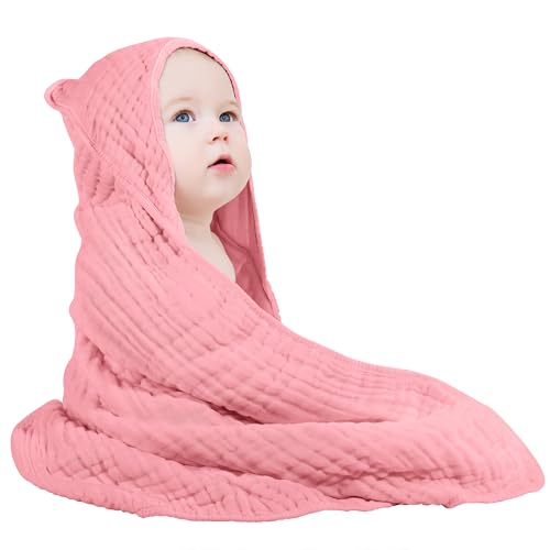 Image of Yoofoss Hooded Baby Towels for Newborn 100% Muslin Cotton Baby Bath Towel with Hood for Babies, Infant, Toddler and Kids, Large 32x32Inch, Soft and Absorbent Newborn Essential,Bean Paste