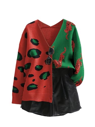 Image of WDIRARA Women's Leopard Tiger Print Cardigan V Neck Long Sleeve Color Block Button Down Sweater Outwear