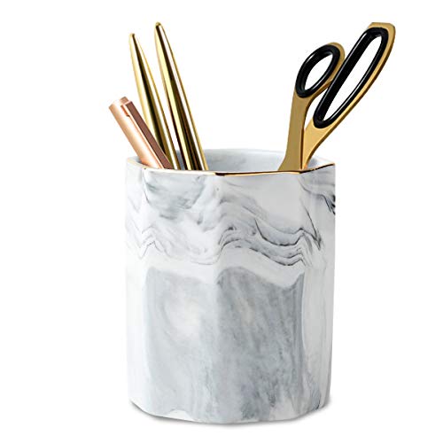 WAVEYU Pen Holder, Pencil Holder, Marble Desk Organizer Cute, Durable Ceramic Pencil Cup, Decorative Makeup Brush Holder Cup, Stationery Holder for Office, School, Home, Gray Marble