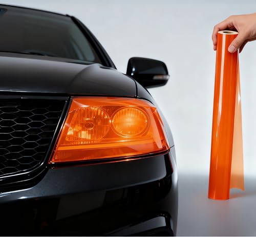 Image of 12 inch X 48 inch Tint Vinyl Film Sticker Sheet Roll for Car Headlight, Tail Lights, Fog Lights with Squeegee + Cutter (Neon Orange)