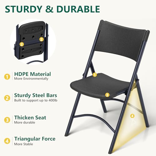 MAKE CHANGES Folding Chairs 4 Pack, Outdoor Portable Foldable Chair with Steel Frame, 500lbs Capacity Heavy Duty Metal Black Plastic Folding Chairs for Patio, Picnic, Kitchen, Dining - Image 6