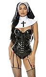 Forplay Women's Lace-Up Vinyl Nun Costume 3-Piece Halloween Outfit with Bodysuit, Collar and Veil, Black, XS/S